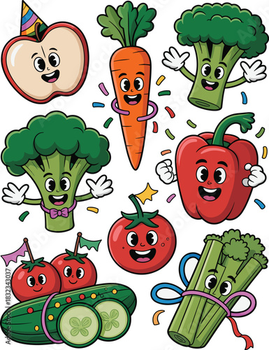 Cheerful collection of vintage rubber hose cartoon vegetable and fruit mascots smiling happily, featuring half apple, carrot, broccoli, red bell pepper, tomato, cucumber, and celery sticks for kids' n