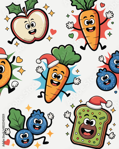 Dynamic pattern of cute anthropomorphic Christmas holiday food characters, including a cheerful apple, festive carrots, plump blueberries, and happy toast, ideal for children's nutrition, educational