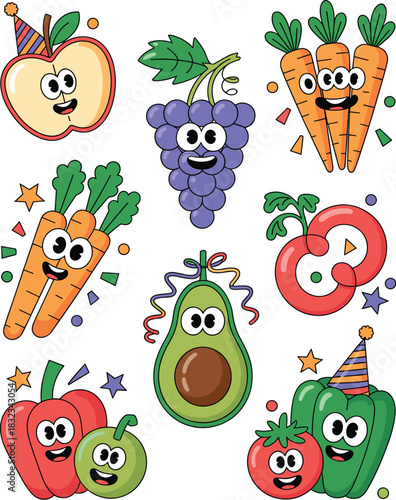 A cheerful collection of happy cartoon fruits and vegetables celebrating, including carrots, grapes, avocado, peppers, and apple, featuring smiling mascot faces and party hats, designed in a vibrant r