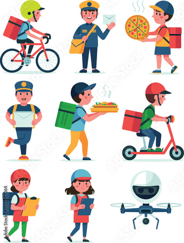 Professional delivery and postal service couriers set delivering packages, mail, fast food, and pizza using bicycles, scooters, and modern autonomous drone technology in this detailed colorful vector