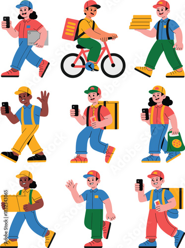 Diverse group of essential delivery courier workers cycling and actively walking, carrying fast food, pizza, and logistics boxes, checking orders on mobile smartphone application, representing modern