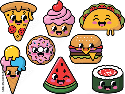 A playful and colorful collection of cute kawaii smiling anthropomorphic food characters including dessert and fast food icons like pizza, burger, taco, donut, ice cream, and sushi, perfect for cheerf