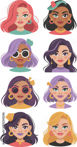 Stylish collection of diverse eight modern female headshot portraits featuring various skin tones, contemporary fashion accessories, and colorful hairstyles, perfect vector illustration set for profil