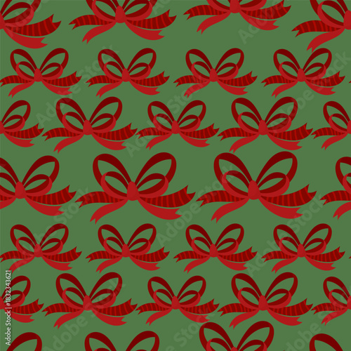 Seamless Red Ribbon Bow Pattern on Green Background