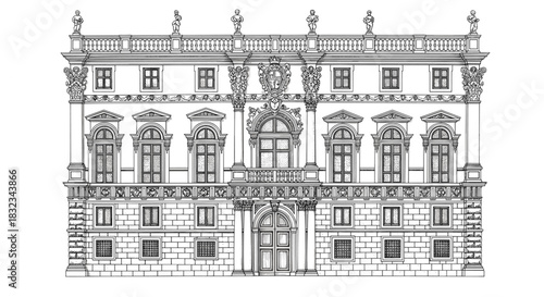 Historical architectural line drawing of a classical European palace facade illustration isolated on white background