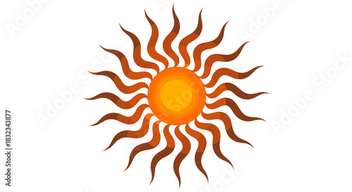 Vibrant stylized sun graphic illustration with fiery wavy rays representing summer warmth energy isolated on white background