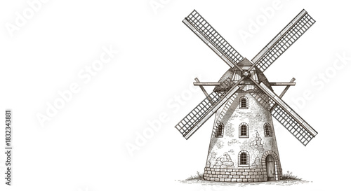 Historic stone windmill vintage drawing representing rural agricultural heritage and sustainable energy isolated on white background