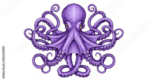 Vibrant purple octopus deep sea marine creature with many tentacles intricate illustration isolated on white background