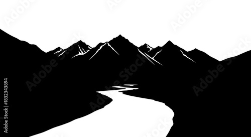 Black white minimalist graphic illustration winding river flowing majestic mountain peaks nature journey adventure concept