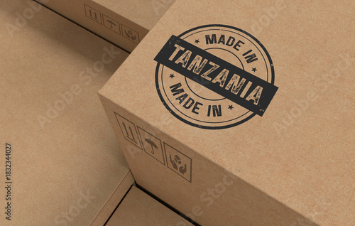 Cardboard Carton Boxes with Made in Tanzania Stamp - 3D Render