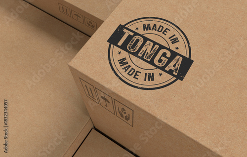 Cardboard Carton Boxes with Made in Tonga Stamp - 3D Render