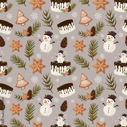Seamless Christmas Pattern with Snowmen, Gingerbread Cookies and Winter Elements. Cozy vector illustration in soft winter palette, perfect for wrapping paper, textile prints, holiday backgrounds