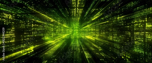 Experience a Neon Cyber Grid Tunnel With Glowing Data Streams in an Immersive Blockchain Core Setting