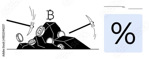 Pickaxes extract coins from rocks with Bitcoin symbol above and percentage sign nearby. Ideal for cryptocurrency, mining, finance, investment, blockchain, digital economy, simple flat metaphor