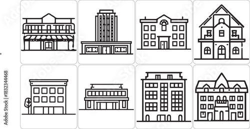 Collection of diverse architectural building styles in black and white line art illustrations
