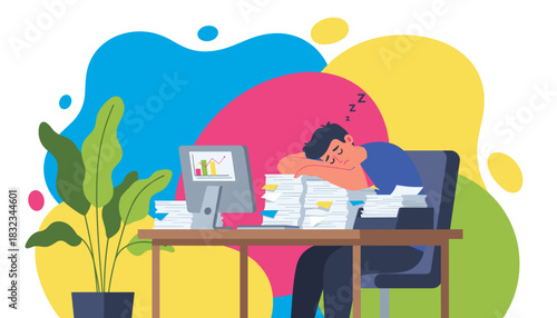 Overworked man sleeping on a huge stack of paperwork illustrating stress burnout and excessive bureaucracy