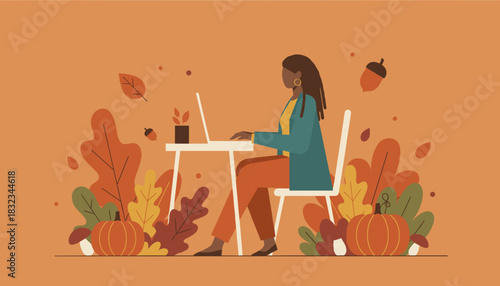 Black woman freelancer working on laptop amid autumn leaves and pumpkins Fall productivity concept