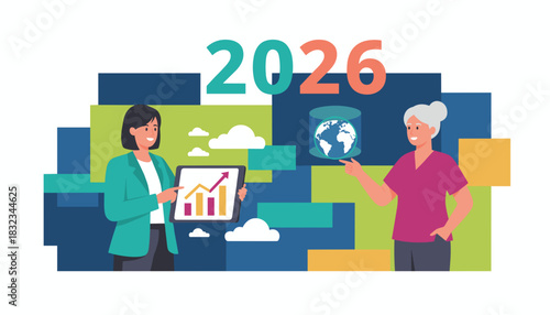 Two businesswomen plan global growth and financial strategy for the year 2026