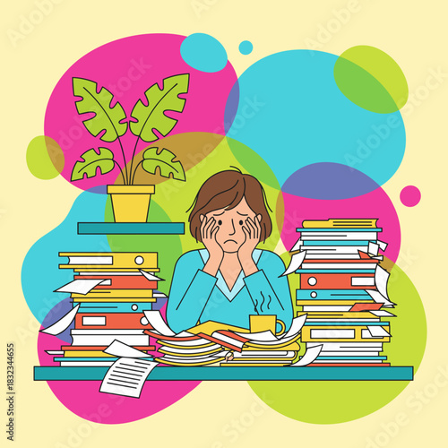 Stressed worker drowning in paperwork and deadlines Overworked office concept illustration