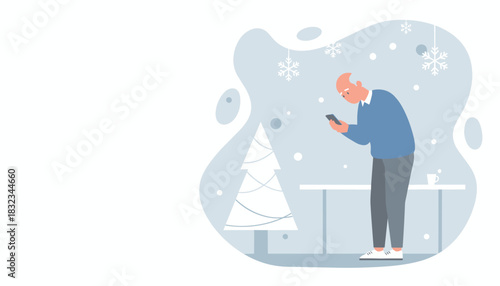 Senior man uses smartphone in a cold festive setting Holiday greetings and technology illustration