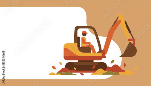 Construction worker operating excavator vector Flat design illustration with copy space for industry advertisements