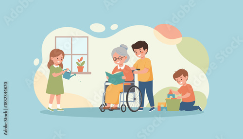 Intergenerational family support Caregiver assists grandma reading while kids play nearby
