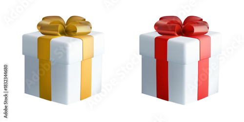 3D gift box, present icon. Cake surprise in red gold ribbon bow. Reward card, birthday prize. Cute realistic render christmas emoji, giftbox bonus. Premium win package closed, new year luxury sale