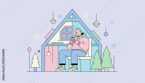 Man uses smartphone in a cozy Aframe cabin surrounded by snow and winter trees Holiday stay