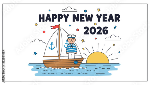 Happy New Year 2026 greeting card Sailor on a sailboat illustration with sunrise