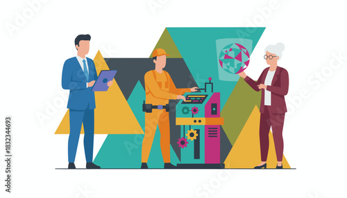 Team of executives and engineer analyzing industrial production process using modern technology