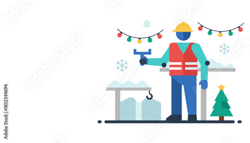 Worker in safety vest and hard hat celebrating winter holidays near snow and festive lights