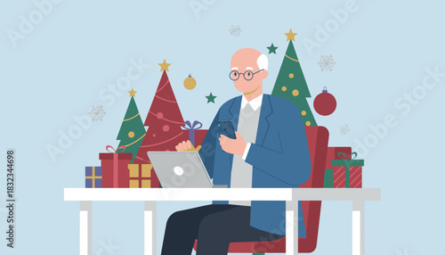 Elderly professional handles online tasks surrounded by festive Christmas decorations