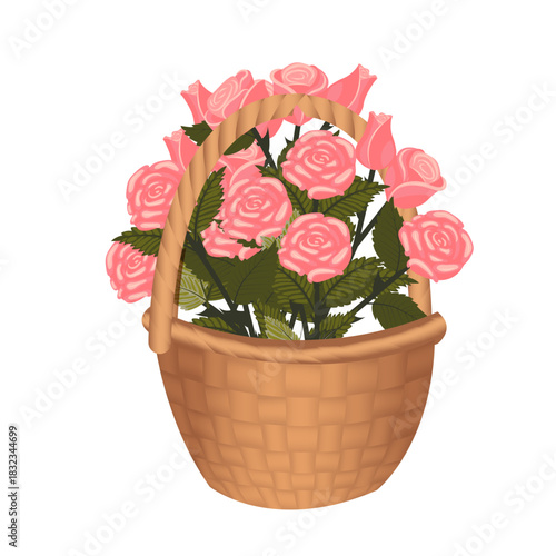 A bouquet of pink roses in a basket. Vector illustration isolated on a white background.
