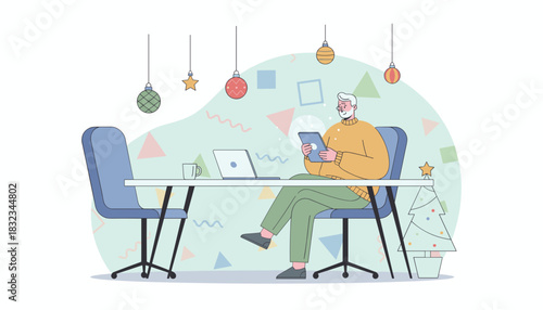 Man working remotely during Christmas holidays with tablet and laptop Festive office setup