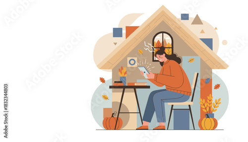 Frustrated woman struggling with a digital device while working or studying from home during autumn