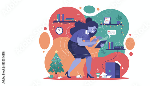 Holiday work stress Overworked businesswoman rushing a deadline in a messy festive office