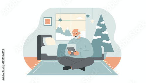 Senior man using a tablet indoors during winter showing technology adoption