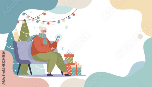 Happy senior woman using smartphone for online shopping or messaging in festive winter setting
