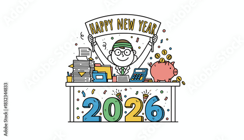 Happy New Year 2026 for business and finance planning Cartoon accountant with savings
