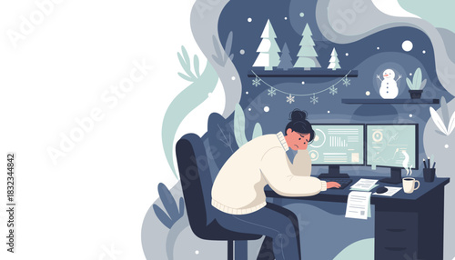 Burnout during holidays Stressed woman working late at a winter desk with computers