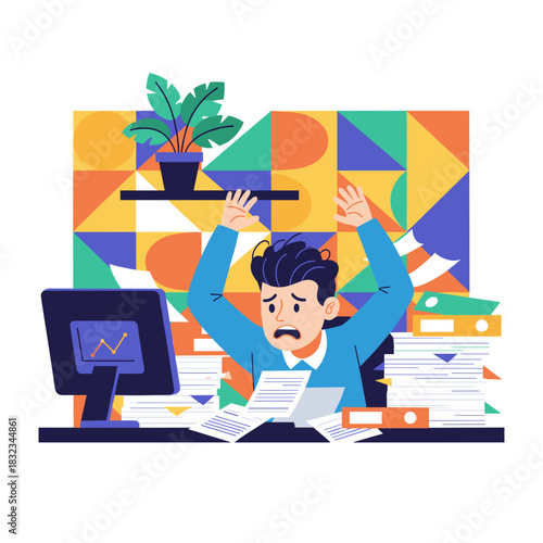 Overwhelmed man stressed by excessive paperwork and deadlines suffering work burnout