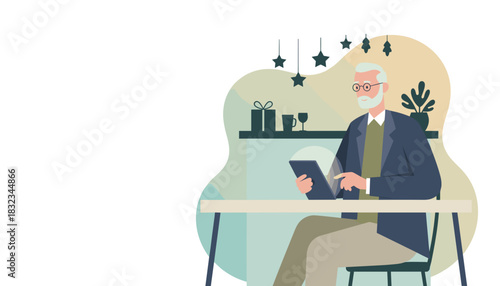 Older man with glasses using tablet learning technology and communicating digitally