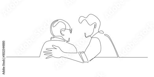 Continuous line drawing of an adult child gently embracing an elderly father, showing care and support. Single-line illustration suitable for family themes, caregiving, compassion.