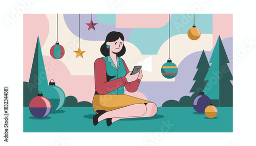 Frustrated woman using smartphone in a stylized Christmas scene with festive ornaments Vector art