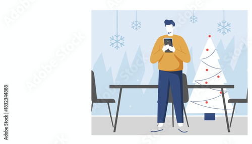 Casual man uses smartphone next to a festive Christmas tree and snowflakes