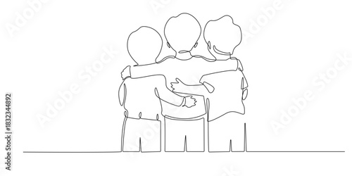 Continuous one-line drawing of three children standing side by side with their arms around each other, symbolizing friendship, unity, support, and togetherness.