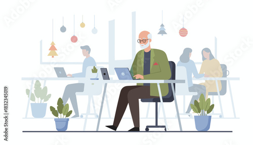 Experienced professional working on a laptop in a bright modern office environment with colleagues