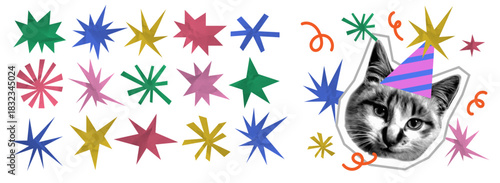 Set of tear crumpled paper stars. Cut color explosion shapes. Shape love doodle scrap. Vector illustration