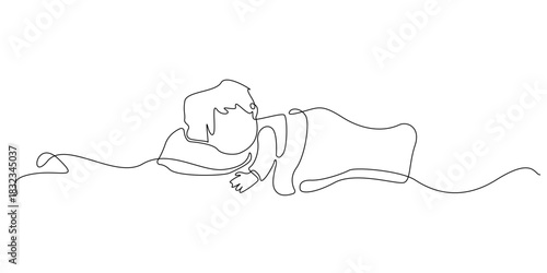Continuous line drawing of a child sleeping peacefully under a blanket, head resting on a pillow. Single-line illustration suitable for bedtime themes, comfort, and calm.