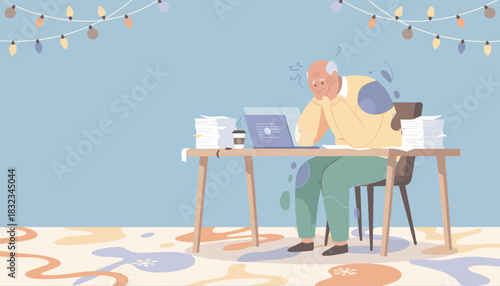 Overwhelmed senior man stressed by excessive paperwork and deadlines at his desk